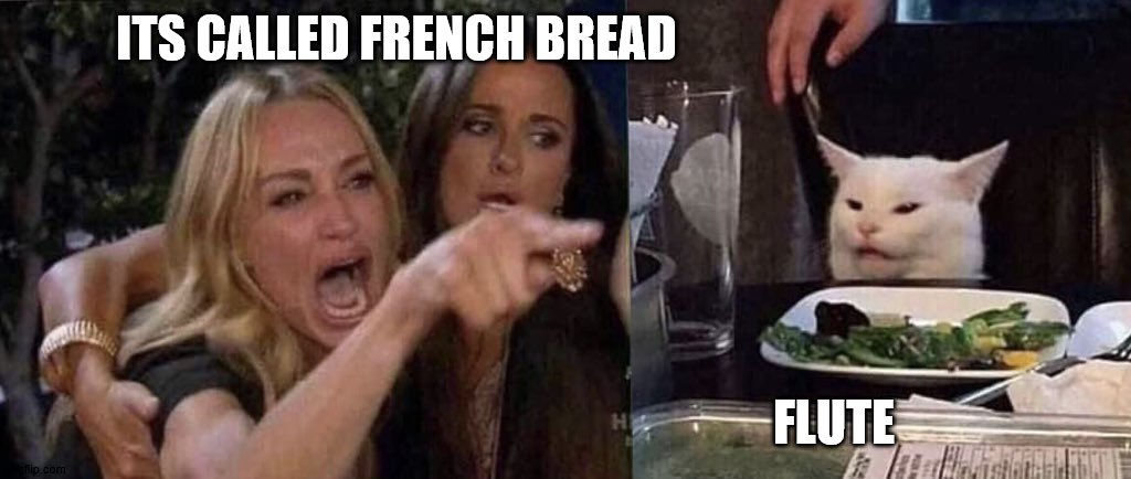 woman yelling at cat | ITS CALLED FRENCH BREAD; FLUTE | image tagged in woman yelling at cat | made w/ Imgflip meme maker