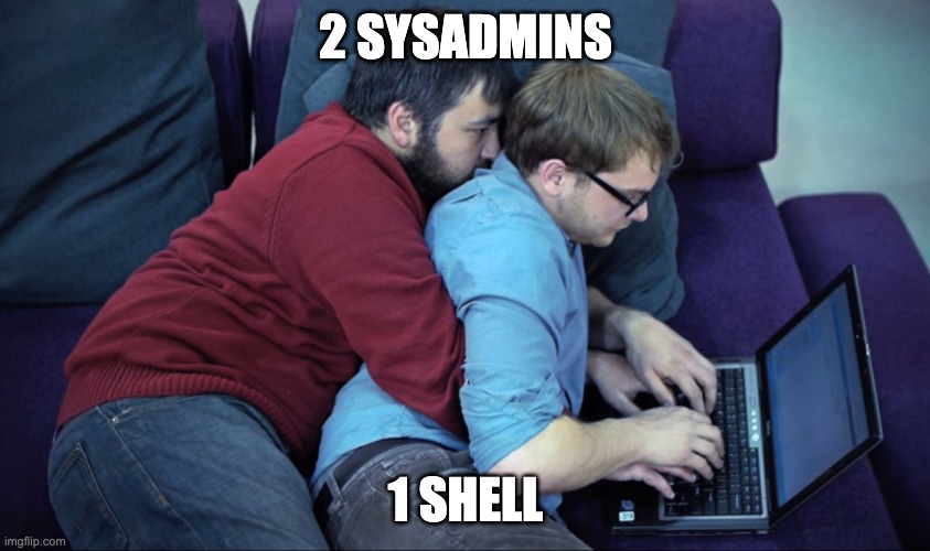 Sysadmins pairing | 2 SYSADMINS; 1 SHELL | image tagged in pair programming gay | made w/ Imgflip meme maker