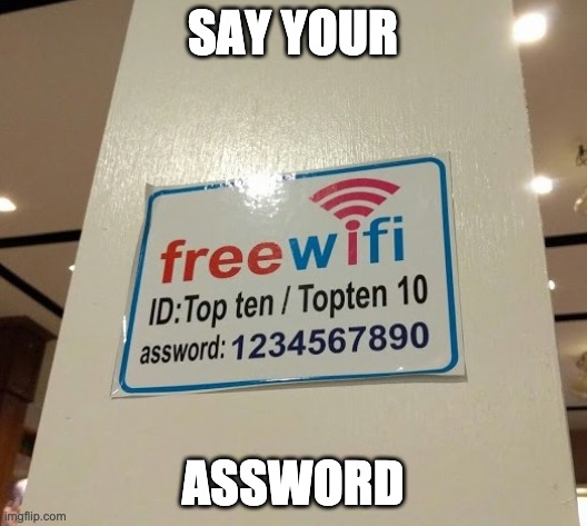 Assword | SAY YOUR; ASSWORD | image tagged in security,password,wifi | made w/ Imgflip meme maker