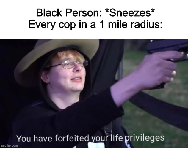 you have forfeited life privileges | Black Person: *Sneezes*
Every cop in a 1 mile radius: | image tagged in memes | made w/ Imgflip meme maker