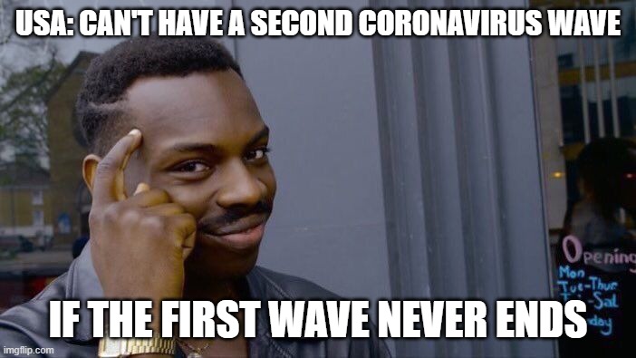 Roll Safe Think About It Meme | USA: CAN'T HAVE A SECOND CORONAVIRUS WAVE; IF THE FIRST WAVE NEVER ENDS | image tagged in memes,roll safe think about it | made w/ Imgflip meme maker