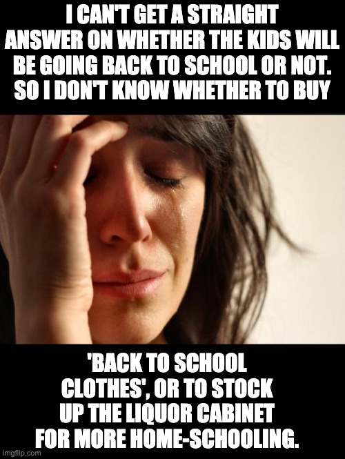 Uncertainty | I CAN'T GET A STRAIGHT ANSWER ON WHETHER THE KIDS WILL BE GOING BACK TO SCHOOL OR NOT.  SO I DON'T KNOW WHETHER TO BUY; 'BACK TO SCHOOL CLOTHES', OR TO STOCK UP THE LIQUOR CABINET FOR MORE HOME-SCHOOLING. | image tagged in memes,first world problems | made w/ Imgflip meme maker