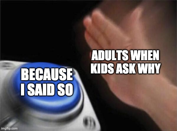 Blank Nut Button Meme | ADULTS WHEN KIDS ASK WHY; BECAUSE I SAID SO | image tagged in memes,blank nut button | made w/ Imgflip meme maker