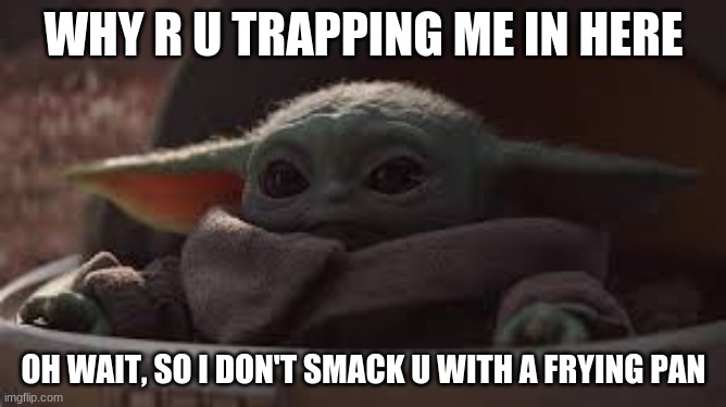 yoda's life | WHY R U TRAPPING ME IN HERE; OH WAIT, SO I DON'T SMACK U WITH A FRYING PAN | image tagged in star wars,yoda,baby | made w/ Imgflip meme maker