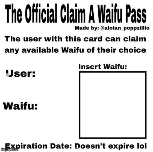 Official claim a waifu pass | image tagged in official claim a waifu pass | made w/ Imgflip meme maker