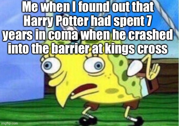 Wait wat | Me when I found out that Harry Potter had spent 7 years in coma when he crashed into the barrier at kings cross | image tagged in memes,mocking spongebob | made w/ Imgflip meme maker