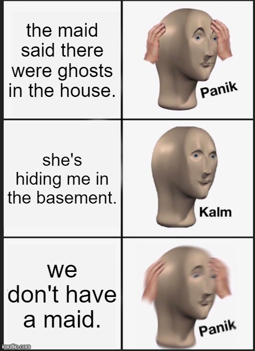 Panik Kalm Panik | the maid said there were ghosts in the house. she's hiding me in the basement. we don't have a maid. | image tagged in memes,panik kalm panik | made w/ Imgflip meme maker