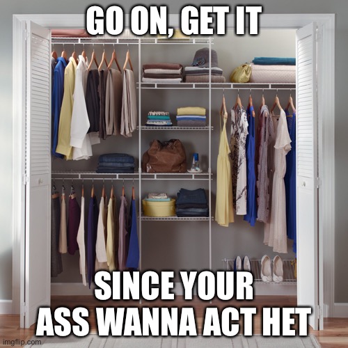 :) | GO ON, GET IT; SINCE YOUR ASS WANNA ACT HET | image tagged in gay,closet,het | made w/ Imgflip meme maker