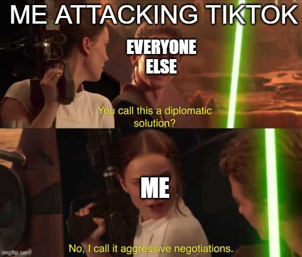 No I call it Agressive Negotiations | ME ATTACKING TIKTOK; EVERYONE ELSE; ME | image tagged in anakin and padme | made w/ Imgflip meme maker
