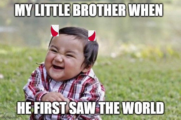 Funny baby | MY LITTLE BROTHER WHEN; HE FIRST SAW THE WORLD | image tagged in memes,evil toddler | made w/ Imgflip meme maker