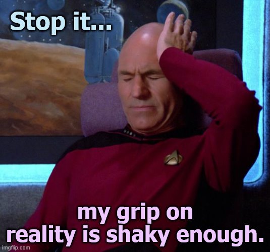 Picard Headache | Stop it... my grip on reality is shaky enough. | image tagged in picard headache | made w/ Imgflip meme maker