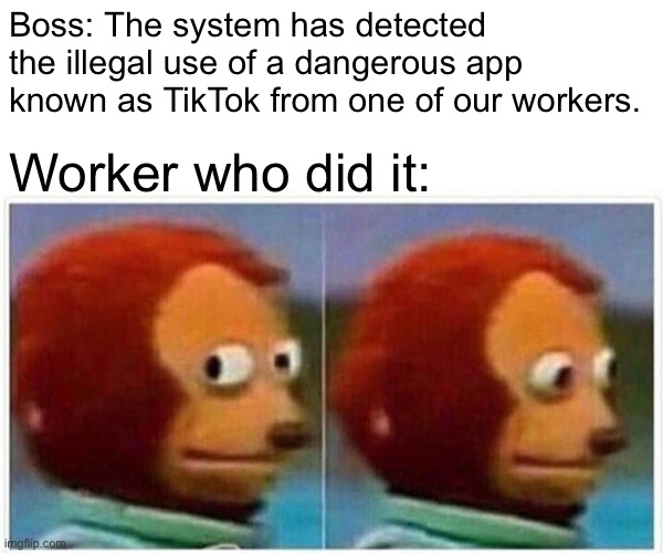 Monkey Puppet | Boss: The system has detected the illegal use of a dangerous app known as TikTok from one of our workers. Worker who did it: | image tagged in memes,monkey puppet | made w/ Imgflip meme maker