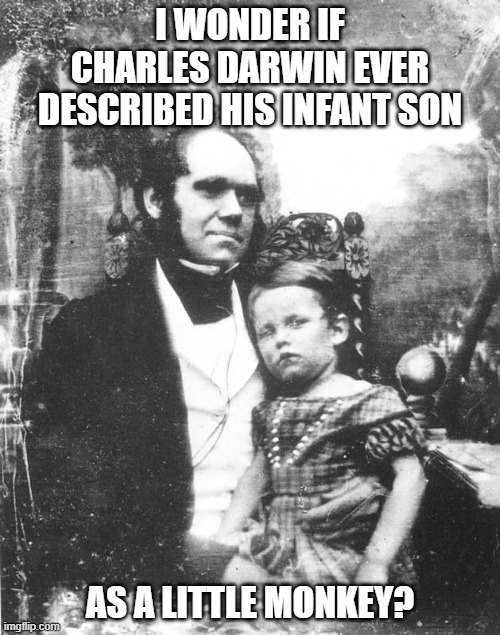 I WONDER IF CHARLES DARWIN EVER DESCRIBED HIS INFANT SON; AS A LITTLE MONKEY? | image tagged in charles darwin | made w/ Imgflip meme maker