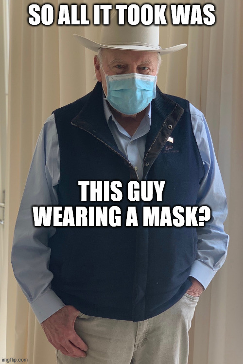 I thought we universally hated Bush/Cheney now?  I can't keep up... | SO ALL IT TOOK WAS; THIS GUY WEARING A MASK? | image tagged in dick cheney in a covid19 mask,personal responsibility,pandemic | made w/ Imgflip meme maker