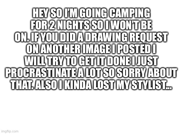Blank White Template | HEY SO I’M GOING CAMPING FOR 2 NIGHTS SO I WON’T BE ON. IF YOU DID A DRAWING REQUEST ON ANOTHER IMAGE I POSTED I WILL TRY TO GET IT DONE I JUST PROCRASTINATE A LOT SO SORRY ABOUT THAT. ALSO I KINDA LOST MY STYLIST... | image tagged in blank white template | made w/ Imgflip meme maker