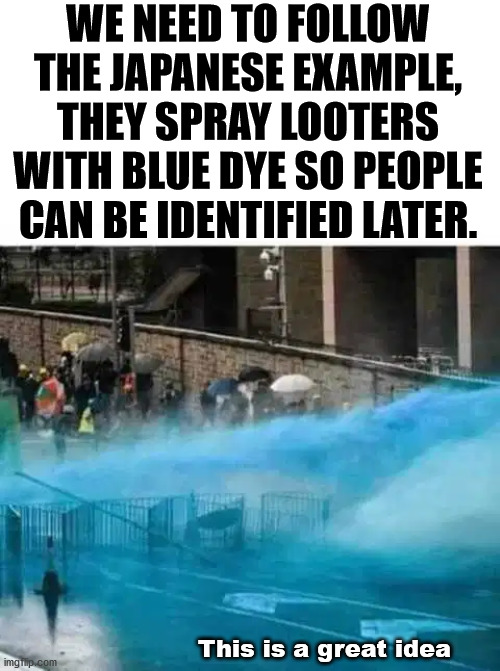 Now this would make smurfs out of many antifa types. | WE NEED TO FOLLOW THE JAPANESE EXAMPLE, THEY SPRAY LOOTERS WITH BLUE DYE SO PEOPLE CAN BE IDENTIFIED LATER. This is a great idea | image tagged in great idea,smart,spray,political meme,ConservativeMemes | made w/ Imgflip meme maker