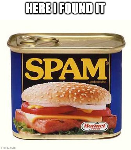 spam | HERE I FOUND IT | image tagged in spam | made w/ Imgflip meme maker