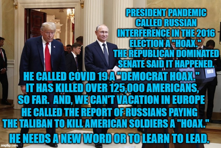 President Pandemic--The Un-Leader | PRESIDENT PANDEMIC CALLED RUSSIAN INTERFERENCE IN THE 2016 ELECTION A "HOAX."  THE REPUBLICAN DOMINATED SENATE SAID IT HAPPENED. HE CALLED COVID 19 A "DEMOCRAT HOAX."  IT HAS KILLED OVER 125,000 AMERICANS, SO FAR.  AND, WE CAN'T VACATION IN EUROPE; HE CALLED THE REPORT OF RUSSIANS PAYING THE TALIBAN TO KILL AMERICAN SOLDIERS A "HOAX."; HE NEEDS A NEW WORD OR TO LEARN TO LEAD. | image tagged in politics | made w/ Imgflip meme maker