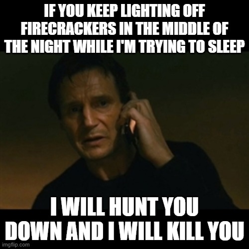 Liam Neeson Taken Meme | IF YOU KEEP LIGHTING OFF FIRECRACKERS IN THE MIDDLE OF THE NIGHT WHILE I'M TRYING TO SLEEP; I WILL HUNT YOU DOWN AND I WILL KILL YOU | image tagged in memes,liam neeson taken | made w/ Imgflip meme maker