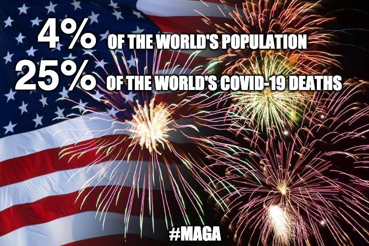 ironic MAGA | 4%

25%; OF THE WORLD'S POPULATION; OF THE WORLD'S COVID-19 DEATHS; #MAGA | image tagged in covid-19,biden2020,covid,maga | made w/ Imgflip meme maker