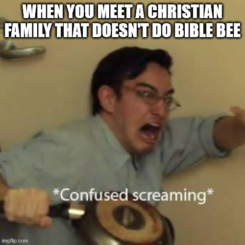 When you meet a Christian family that doesn't do Bible Bee | WHEN YOU MEET A CHRISTIAN FAMILY THAT DOESN'T DO BIBLE BEE | image tagged in filthy frank confused scream,political memes | made w/ Imgflip meme maker