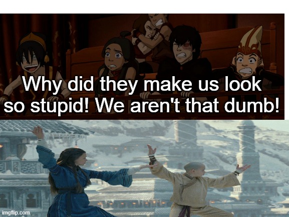 Why did they make us look so stupid! We aren't that dumb! | image tagged in avatar the last airbender | made w/ Imgflip meme maker