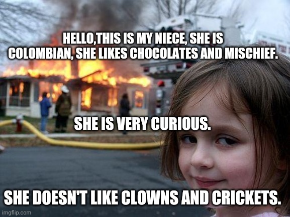 Disaster Girl Meme | HELLO,THIS IS MY NIECE, SHE IS COLOMBIAN, SHE LIKES CHOCOLATES AND MISCHIEF. SHE IS VERY CURIOUS. SHE DOESN'T LIKE CLOWNS AND CRICKETS. | image tagged in memes,disaster girl | made w/ Imgflip meme maker