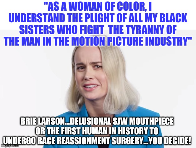 I guess race reassignment surgery is still in its early stages Brie? | "AS A WOMAN OF COLOR, I UNDERSTAND THE PLIGHT OF ALL MY BLACK SISTERS WHO FIGHT  THE TYRANNY OF THE MAN IN THE MOTION PICTURE INDUSTRY"; BRIE LARSON...DELUSIONAL SJW MOUTHPIECE OR THE FIRST HUMAN IN HISTORY TO UNDERGO RACE REASSIGNMENT SURGERY...YOU DECIDE! | image tagged in personal attack,brie larson,angry sjw | made w/ Imgflip meme maker