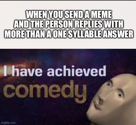Lol | WHEN YOU SEND A MEME AND THE PERSON REPLIES WITH MORE THAN A ONE SYLLABLE ANSWER | image tagged in i have achieved comedy,meme,memes,one syllable,funny | made w/ Imgflip meme maker