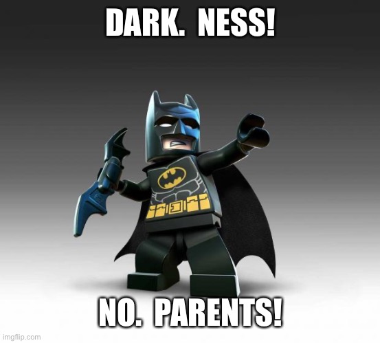 Lego Batman  | DARK.  NESS! NO.  PARENTS! | image tagged in lego batman | made w/ Imgflip meme maker