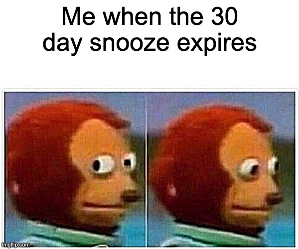 30 Day Facebook Snooze | Me when the 30 day snooze expires | image tagged in memes,monkey puppet | made w/ Imgflip meme maker