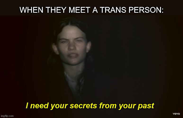 Cis people meeting trans people | WHEN THEY MEET A TRANS PERSON:; I need your secrets from your past | image tagged in i need your secrets from your past,trans,gender,lgbtq | made w/ Imgflip meme maker