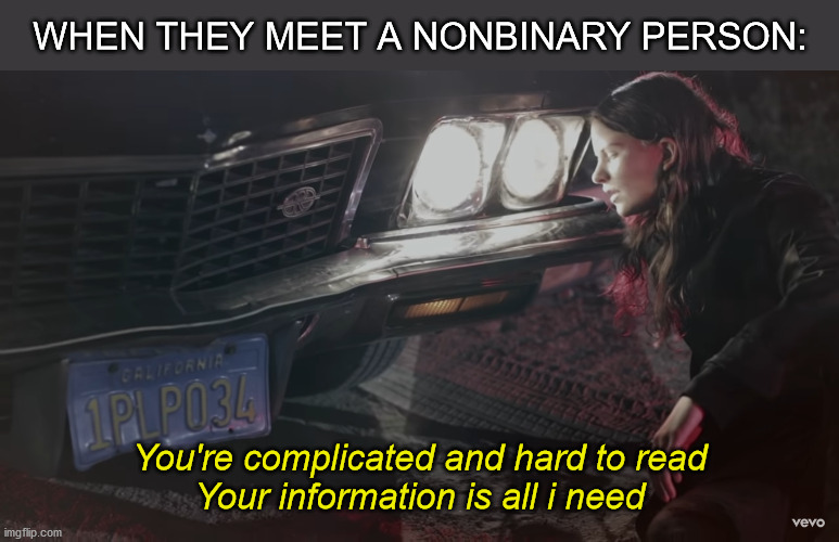 Cis people meeting nb | WHEN THEY MEET A NONBINARY PERSON:; You're complicated and hard to read
Your information is all i need | image tagged in you're complicated and hard to read your information is all i n | made w/ Imgflip meme maker