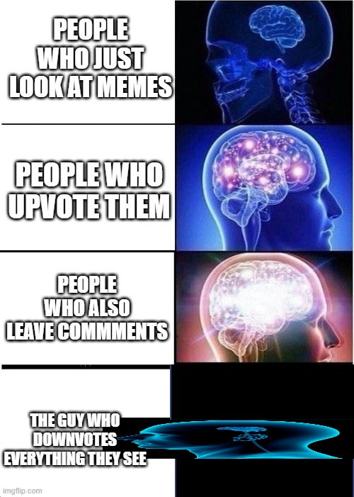 The Bottom Picture Is Supposed To Look Like That BTW | PEOPLE WHO JUST LOOK AT MEMES; PEOPLE WHO UPVOTE THEM; PEOPLE WHO ALSO LEAVE COMMMENTS; THE GUY WHO DOWNVOTES EVERYTHING THEY SEE | image tagged in memes,expanding brain,big brain | made w/ Imgflip meme maker