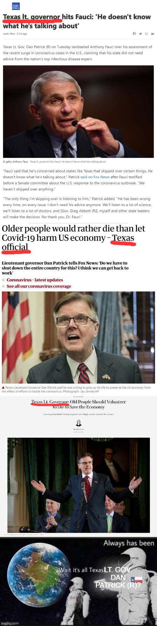 Cringing at Texas Lt. Gov. Dan Patrick (R), a textbook evil villain in America's Covid-19 disaster. | image tagged in villains,villain,covid-19,coronavirus,pandemic,republicans | made w/ Imgflip meme maker