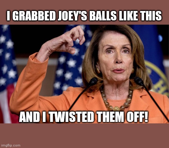 Nancy Pelosi | I GRABBED JOEY'S BALLS LIKE THIS; AND I TWISTED THEM OFF! | image tagged in nancy pelosi | made w/ Imgflip meme maker