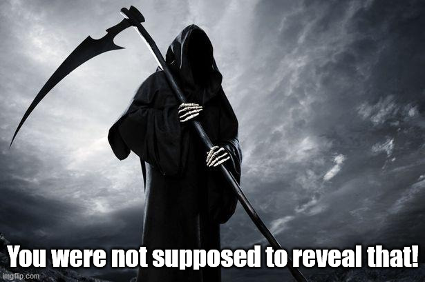 Death | You were not supposed to reveal that! | image tagged in death | made w/ Imgflip meme maker