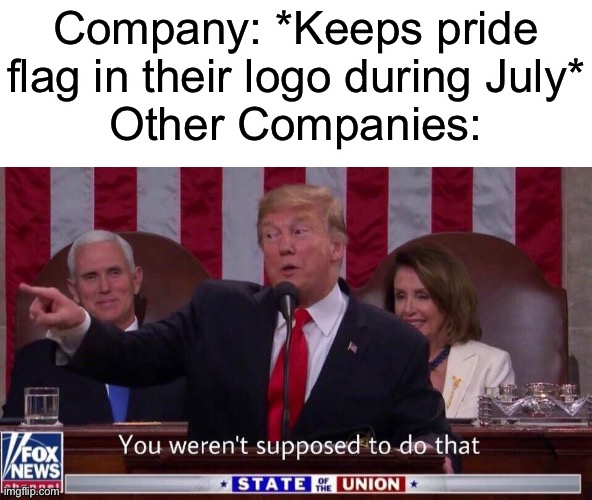 You weren’t supposed to do that | Company: *Keeps pride flag in their logo during July*
Other Companies: | image tagged in you werent supposed to do that | made w/ Imgflip meme maker