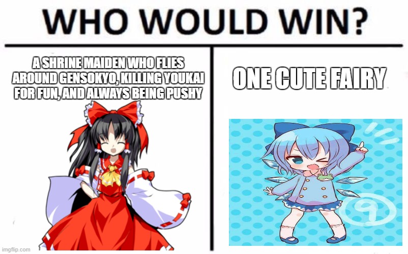 Touhou who would win | A SHRINE MAIDEN WHO FLIES AROUND GENSOKYO, KILLING YOUKAI FOR FUN, AND ALWAYS BEING PUSHY; ONE CUTE FAIRY | image tagged in memes,who would win | made w/ Imgflip meme maker