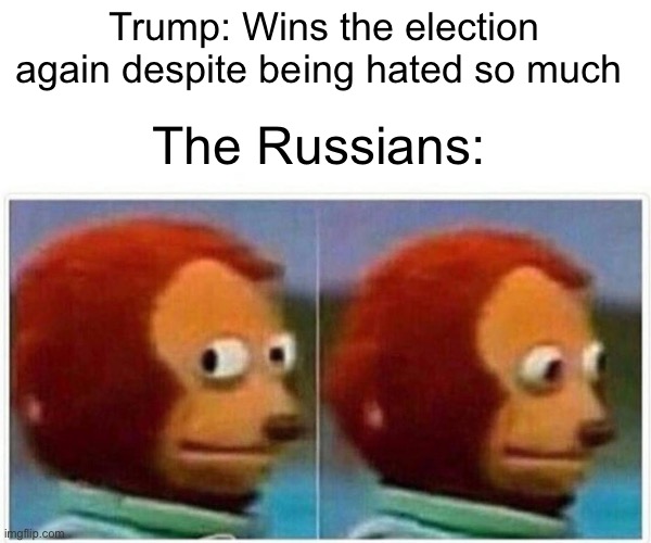 Monkey Puppet | Trump: Wins the election again despite being hated so much; The Russians: | image tagged in memes,monkey puppet | made w/ Imgflip meme maker