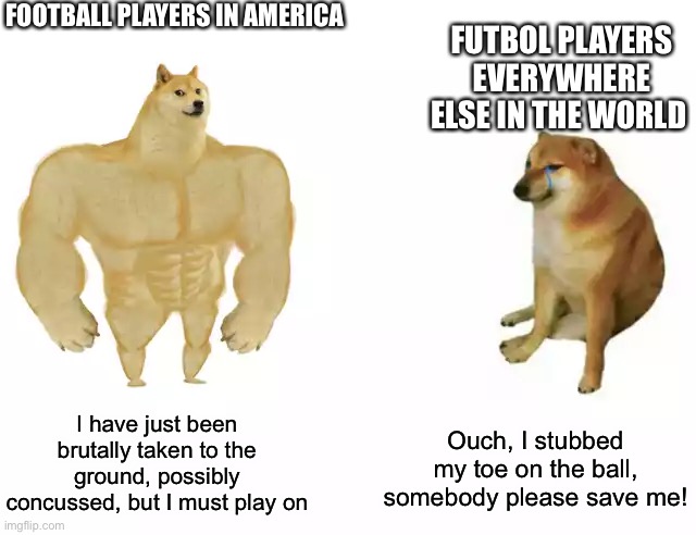 Buff Doge vs. Cheems | FOOTBALL PLAYERS IN AMERICA; FUTBOL PLAYERS EVERYWHERE ELSE IN THE WORLD; I have just been brutally taken to the ground, possibly concussed, but I must play on; Ouch, I stubbed my toe on the ball, somebody please save me! | image tagged in buff doge vs cheems | made w/ Imgflip meme maker