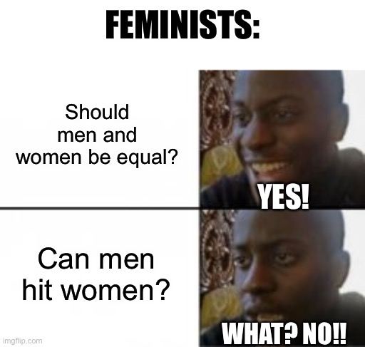 Happy sad | FEMINISTS:; Should men and women be equal? YES! Can men hit women? WHAT? NO!! | image tagged in happy sad | made w/ Imgflip meme maker