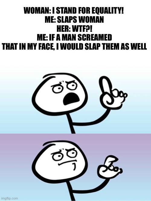 Can't argue with that / technically not wrong | WOMAN: I STAND FOR EQUALITY! 
ME: SLAPS WOMAN
HER: WTF?!
ME: IF A MAN SCREAMED THAT IN MY FACE, I WOULD SLAP THEM AS WELL | image tagged in can't argue with that / technically not wrong | made w/ Imgflip meme maker
