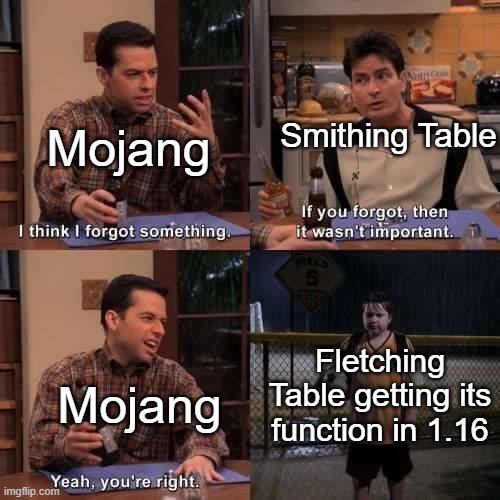 They said in the Next Major Update... | Smithing Table; Mojang; Mojang; Fletching Table getting its function in 1.16 | image tagged in i think i forgot something | made w/ Imgflip meme maker