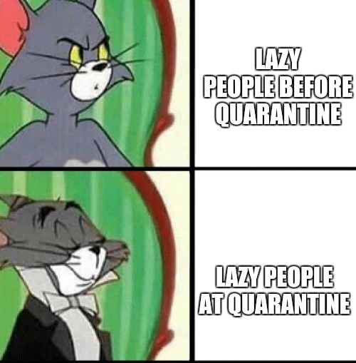 Lazy | LAZY PEOPLE BEFORE QUARANTINE; LAZY PEOPLE AT QUARANTINE | image tagged in fancy tom cat | made w/ Imgflip meme maker