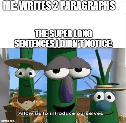 super long | ME: WRITES 2 PARAGRAPHS; THE SUPER LONG SENTENCES I DIDN'T NOTICE: | image tagged in allow us to introduce ourselves | made w/ Imgflip meme maker