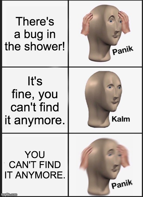 Bug! | There's a bug in the shower! It's fine, you can't find it anymore. YOU CAN'T FIND IT ANYMORE. | image tagged in memes,panik kalm panik | made w/ Imgflip meme maker