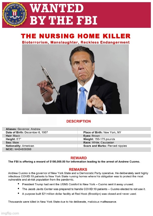 Wanted By The FBI | image tagged in andrew cuomo,murderer,scumbag,pawn,george soros | made w/ Imgflip meme maker