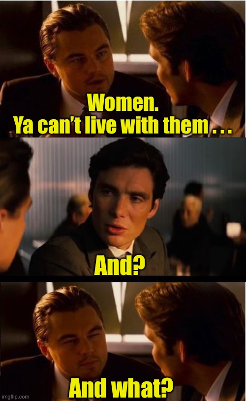 Women . . . | Women.
Ya can’t live with them . . . And? And what? | image tagged in memes,inception,women | made w/ Imgflip meme maker