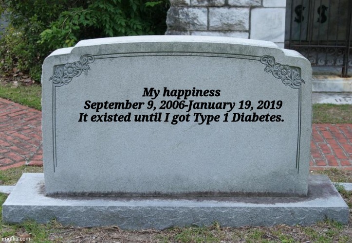 Gravestone | My happiness 

September 9, 2006-January 19, 2019

It existed until I got Type 1 Diabetes. | image tagged in gravestone | made w/ Imgflip meme maker